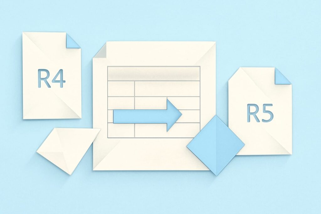 Editorial illustration in origami-folded style depicting a cross-version R4-to-R5 FHIR diff mapped through a migration table