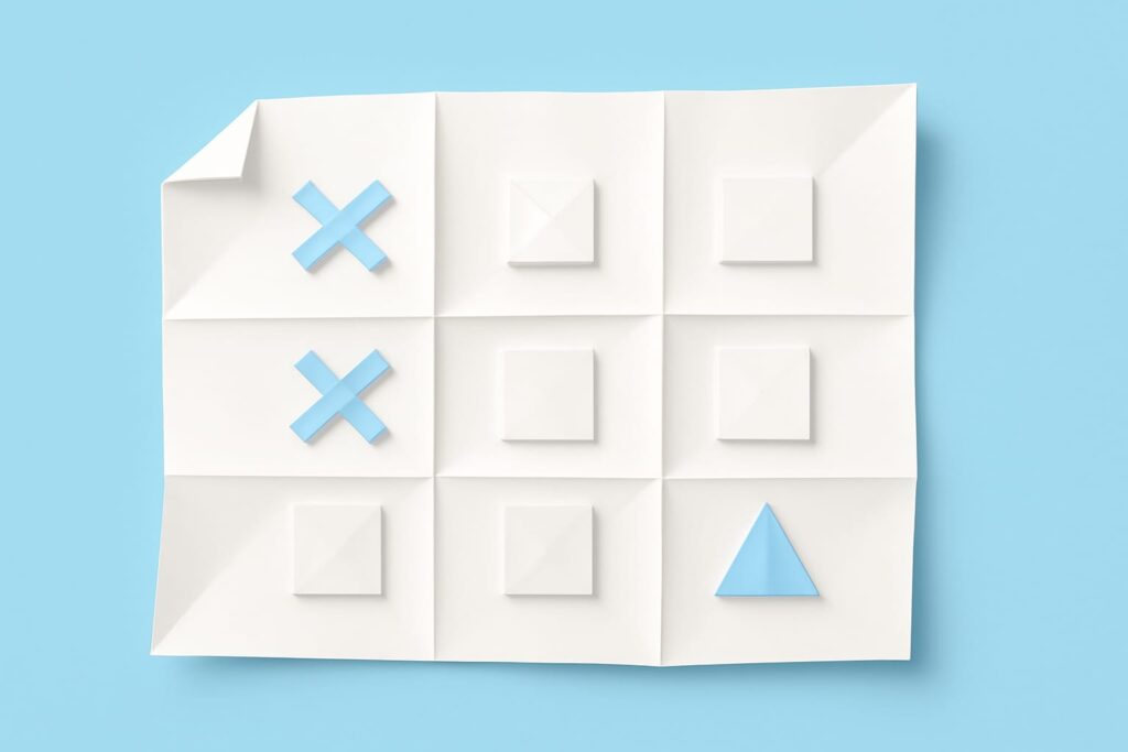 Editorial illustration in origami-folded style depicting a meta field decision grid for FHIR diff ignore policy