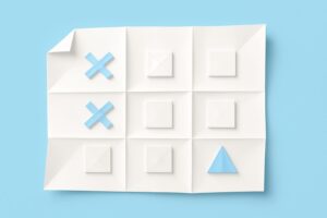 Editorial illustration in origami-folded style depicting a meta field decision grid for FHIR diff ignore policy