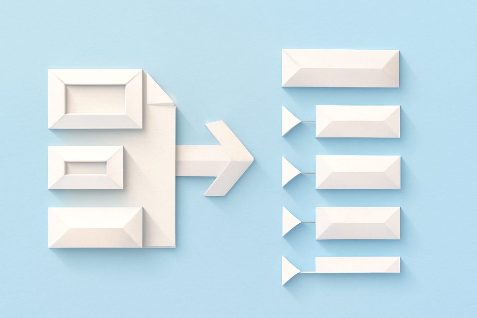 Editorial illustration in origami-folded style depicting a JSON diff transforming into a JSON Patch with test, remove, add, replace ops