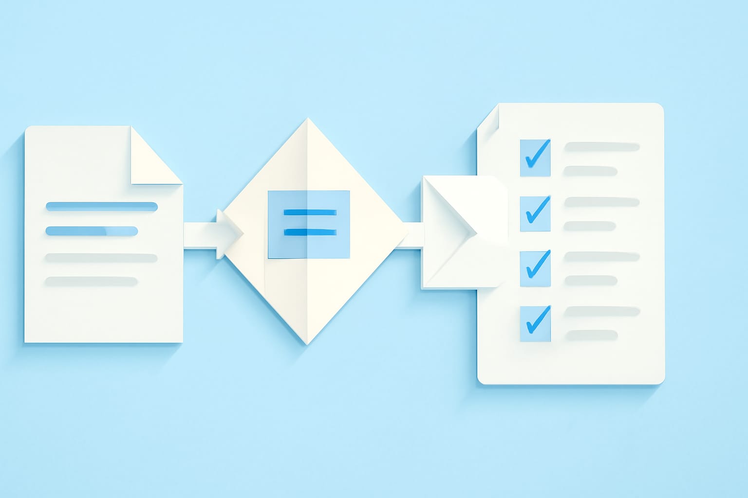 Editorial illustration in origami-folded style depicting a PR review flow with formatter, semantic diff, and reviewer checklist