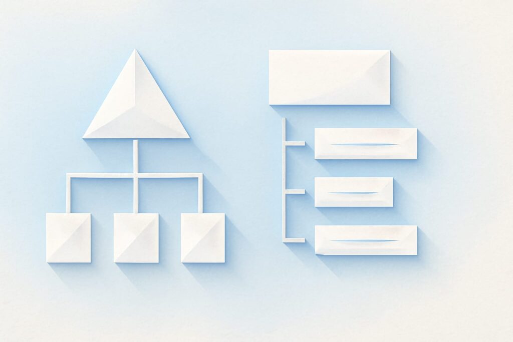Editorial illustration in origami-folded style depicting structural vs semantic FHIR diff modes side-by-side