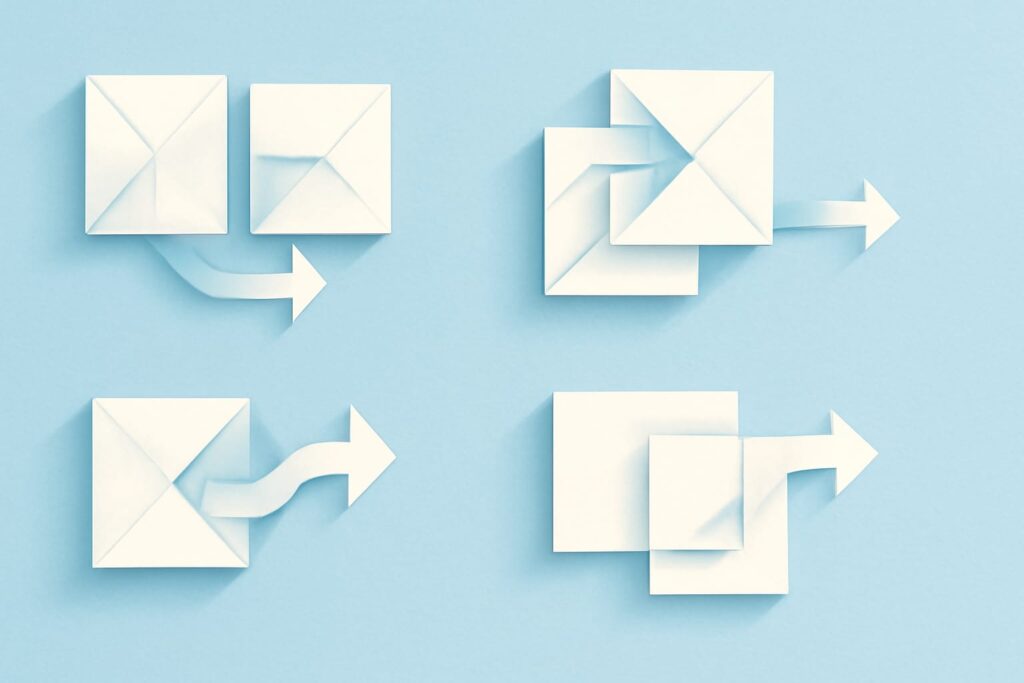 Editorial illustration in origami-folded style depicting four merge cases showing disjoint, same-field conflict, semantic-equal, and array-union resolutions